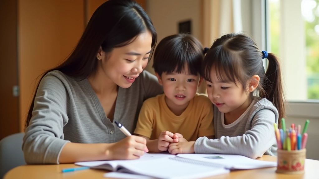Famille asiatique regardant ensemble un cahier de budget avec des stylos colorés et des sourires