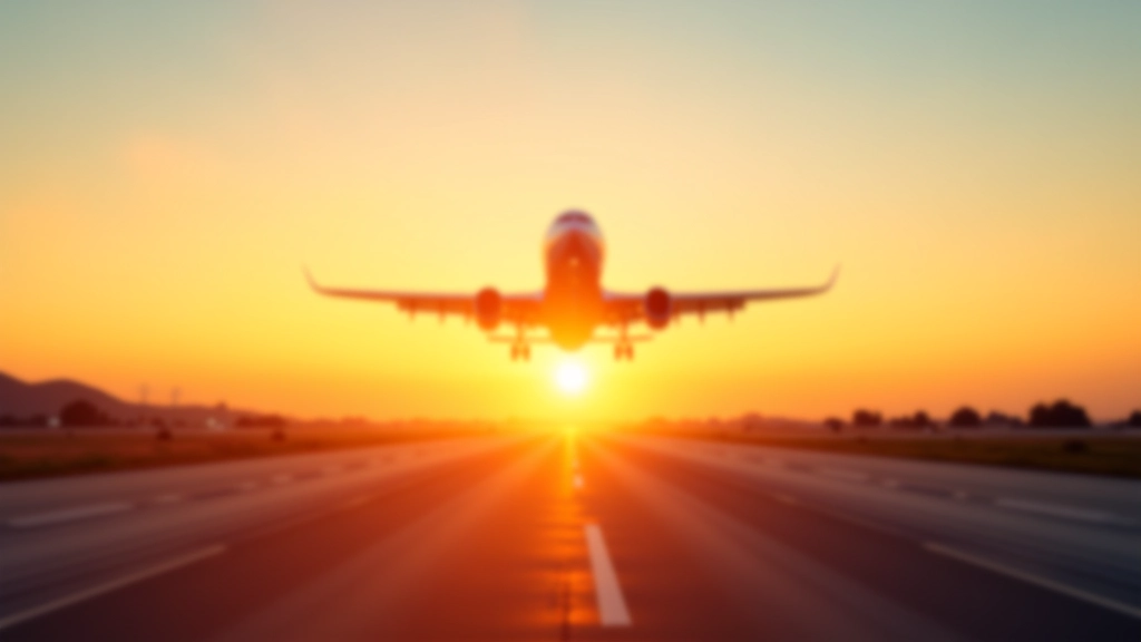 Avion commercial décollant au coucher de soleil, vue depuis l'aéroport avec piste d'atterrissage