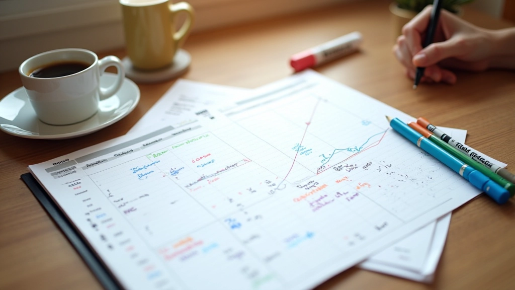 Calendrier de planification budgétaire avec notes manuscrites et marqueurs colorés