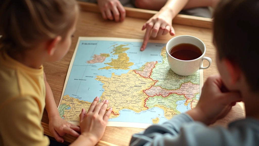 Famille regardant une carte de France avec une tasse de café sur une table en bois