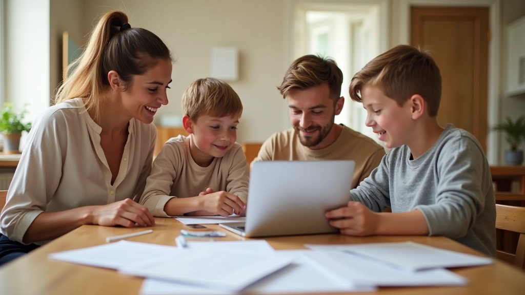 Famille regardant un ordinateur portable avec des documents de planification budgétaire sur une table