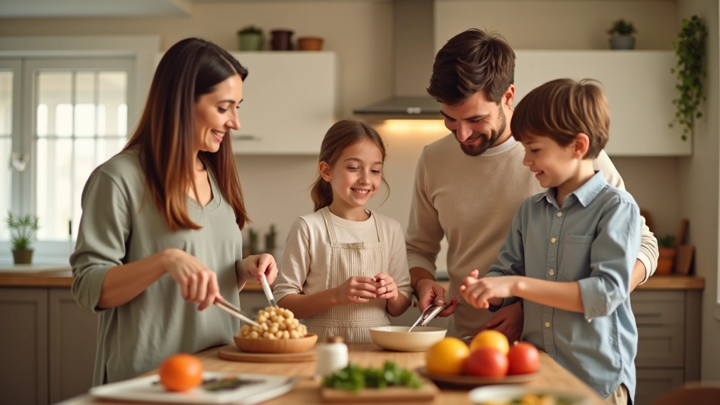 Famille en train de cuisiner ensemble dans une cuisine de gîte avec sourire