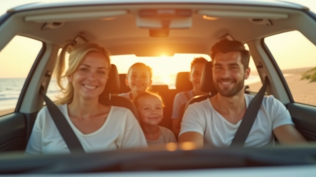 Famille heureuse dans une voiture moderne sur une route côtière ensoleillée, parents souriants à l'avant