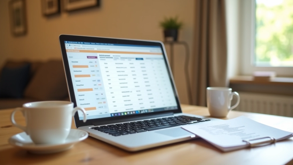 Ordinateur portable affichant un tableur avec données budgétaires, café à côté, environnement de travail calme