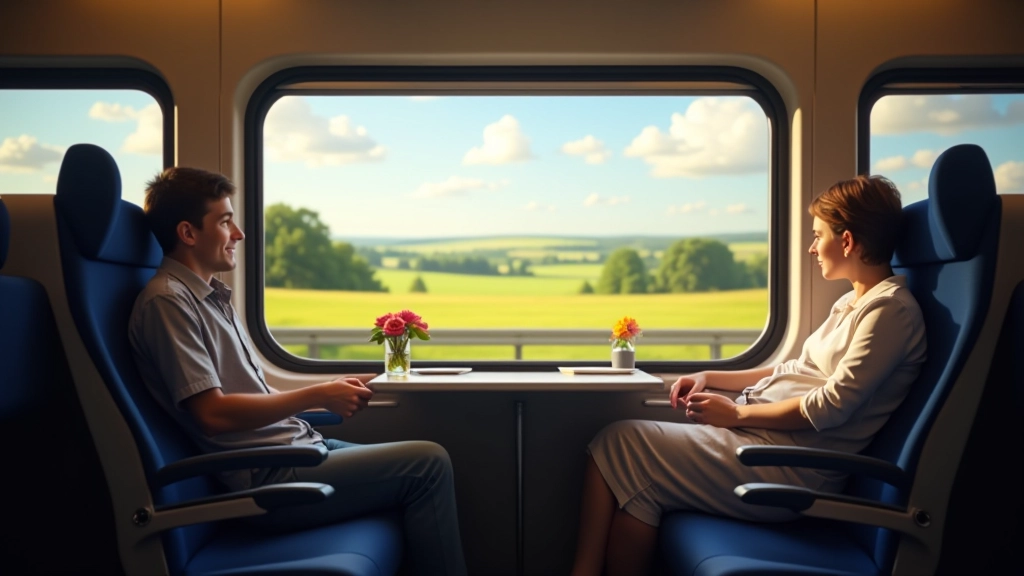 Intérieur d'un train moderne avec passagers relaxants, fenêtre montrant paysage rural français