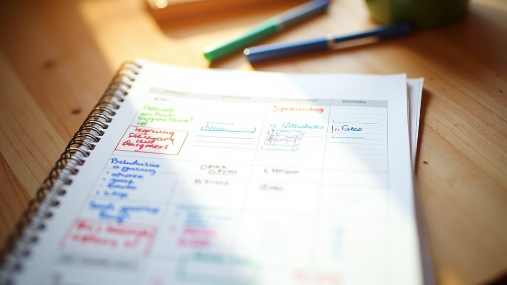 Calendrier ouvert avec des notes budgétaires écrites à la main et des marqueurs colorés