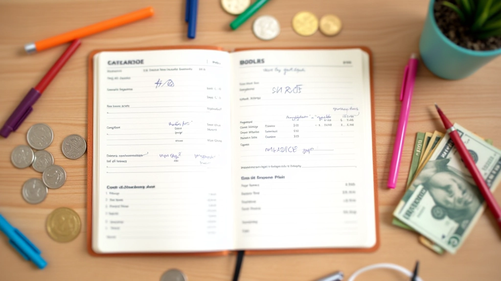 Carnet ouvert avec des listes manuscrites de dépenses, des stylos colorés et une monnaie dispersée autour