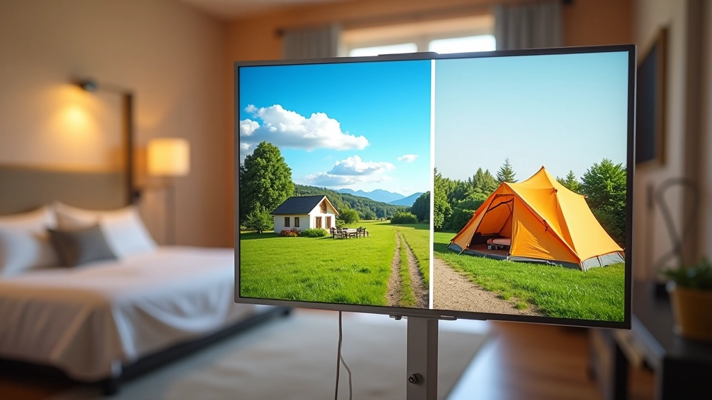 Comparaison de trois types d'hébergements affichés sur un écran avec bloc de texte superposé