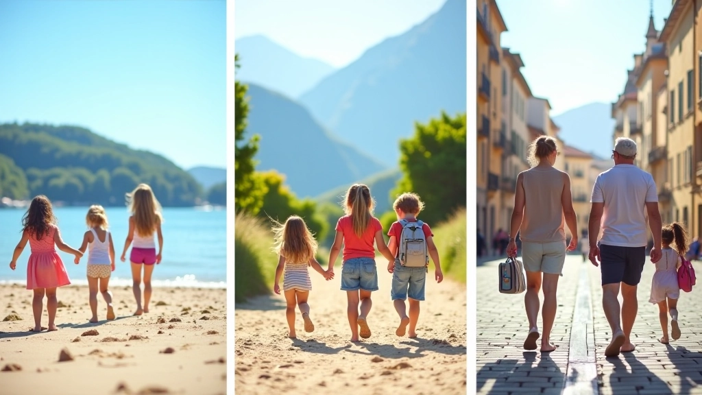 Trois familles différentes dans trois décors différents, l'une à la plage, une autre à la montagne et une autre en ville historique