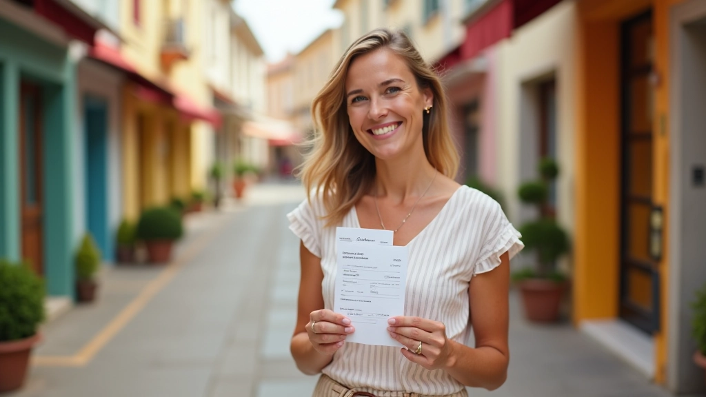 Femme tenant un reçu de magasin dans une rue pittoresque de village avec des boutiques colorées en arrière-plan