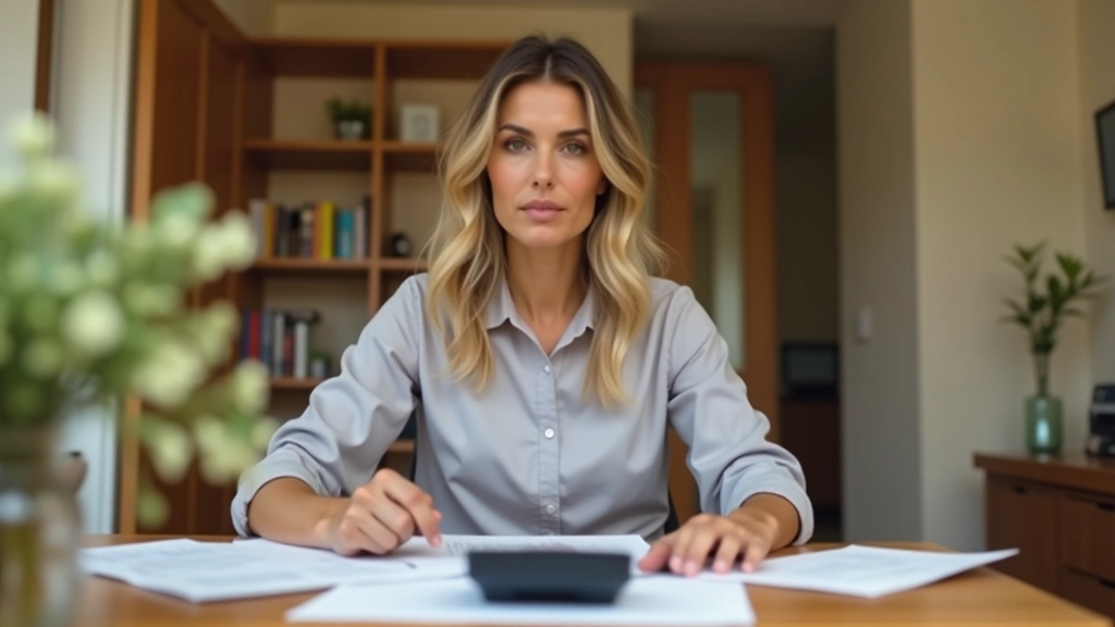 Femme assise à un bureau avec des reçus et une calculatrice, en train de faire ses comptes
